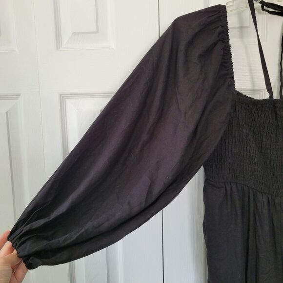 Eloquii Black Puff Sleeve Linen Blend Smocked Jumpsuit Size 16 - Picture 3 of 8